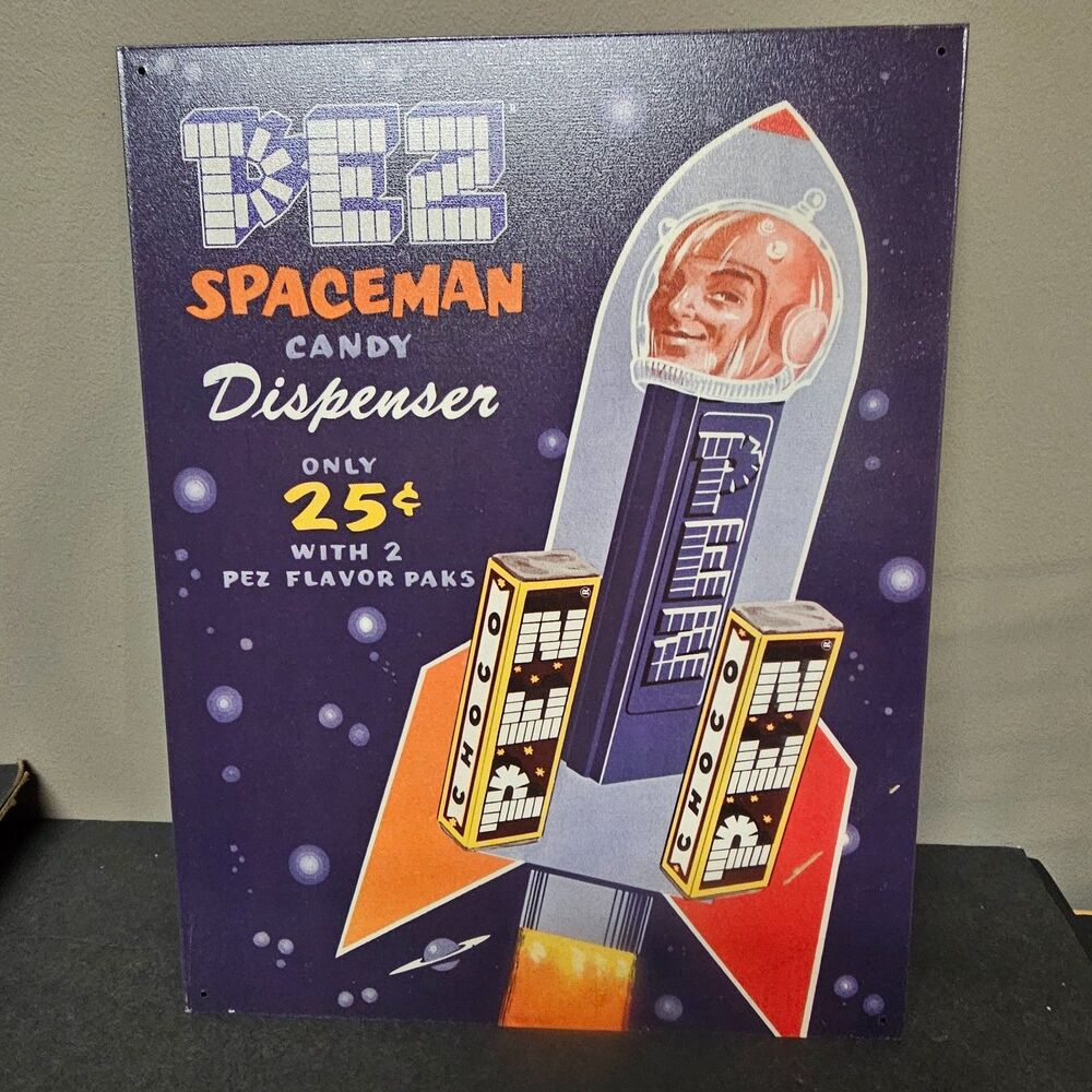 PEZ Spaceman Candy Dispenser Metal Sign Vtg Style 16 x 12.5 Tin 2002